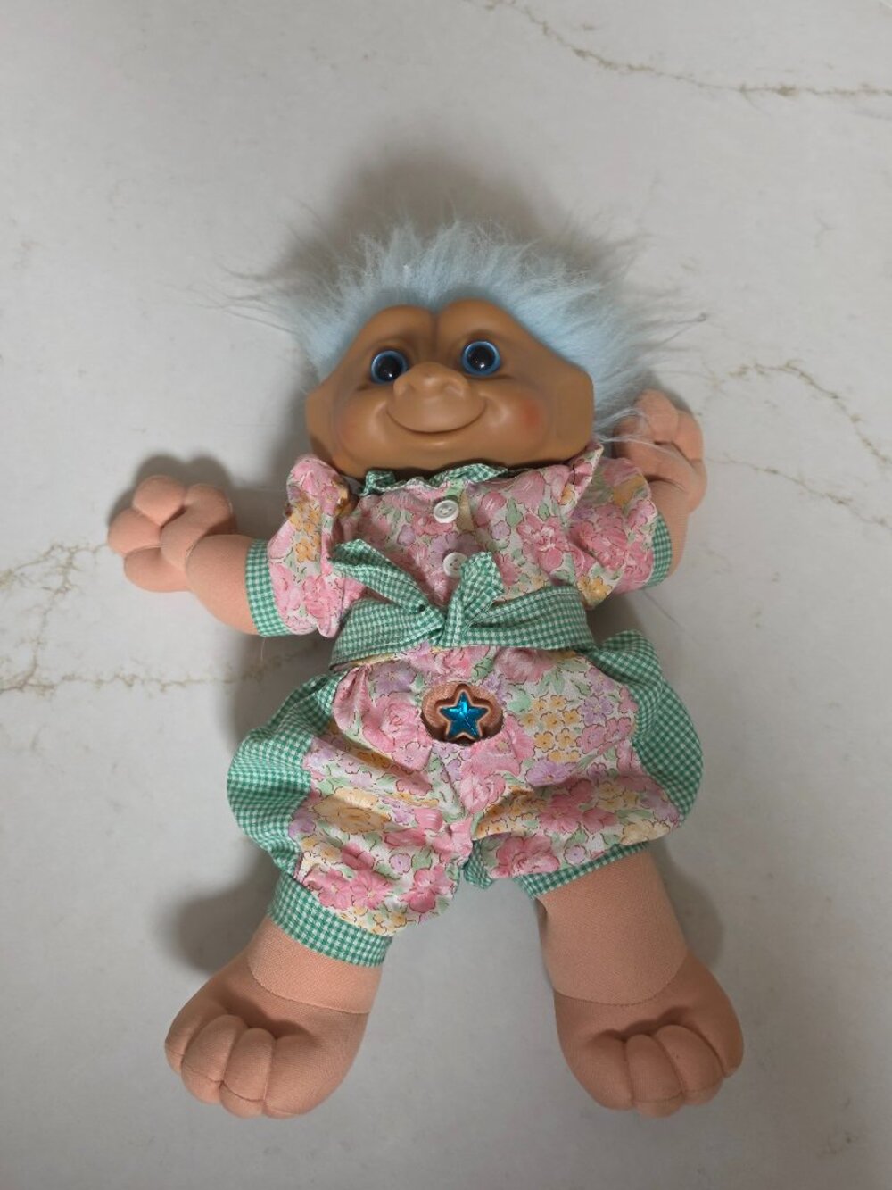 Vintage 1992 Wishnik Magic Star Troll Doll Soft Body Plush Blue Hair Floral 15"